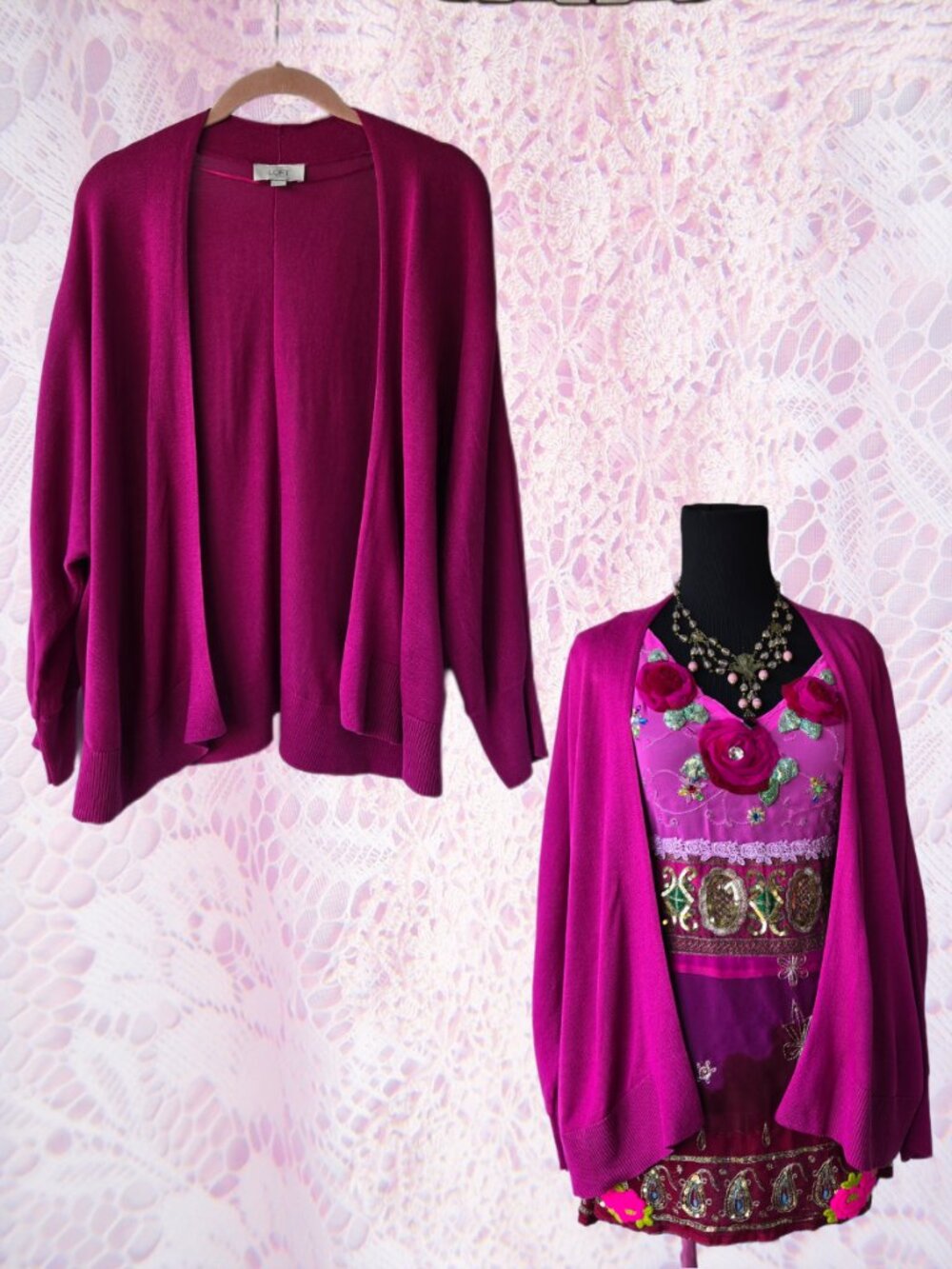 Romantic Raspberry Open Front Knit Cardigan Slouchy Sweater XL Office To Evening